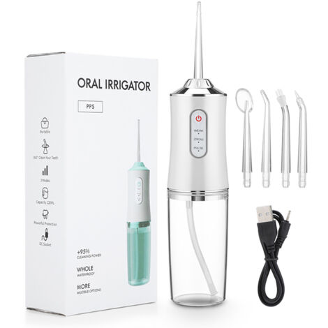Fei Yu – Jet d'eau dentaire puissant – 3 modes de nettoyage – Réservoir 220 ml – Étanchéité IPX7 – Recharge USB – 4 buses remplaçables