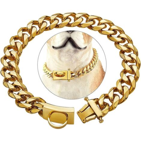 Collier doré pour chien avec boucle de sécurité, collier à maillons en acier inoxydable à mâcher très résistant (doré, 20") (1/5)