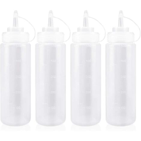 Flacon Sauce Cuisine avec Capuchon 500ml Bouteille à Sauce en Plastique pour Condiments, Assaisonnements, Ketchup, Moutarde, Mayo, Huile dolive, Clair, 16oz, 4PCS