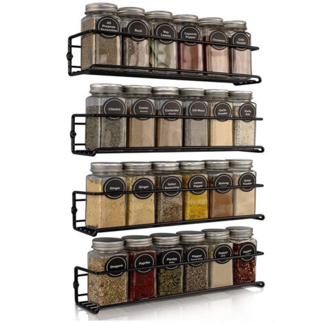 Bluedeer – Lot de 4 étagères à épices murales en métal noir – Support adhésif sans perçage – Dimensions 29 x 6,5 x 6 cm – Organisateur de cuisine