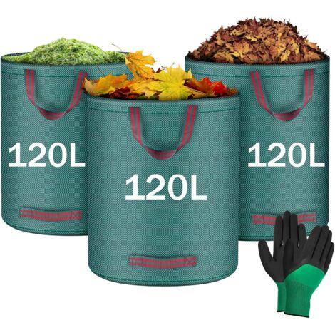 3x120LSacs de Jardin, Sacs à Déchets de Jardin, Sacs de Déchets Jardin Résistants, Sac déchet en PP Robuste avec Poignées, Pliables et Réutilisables(Gants de Jardinage) (1/5)
