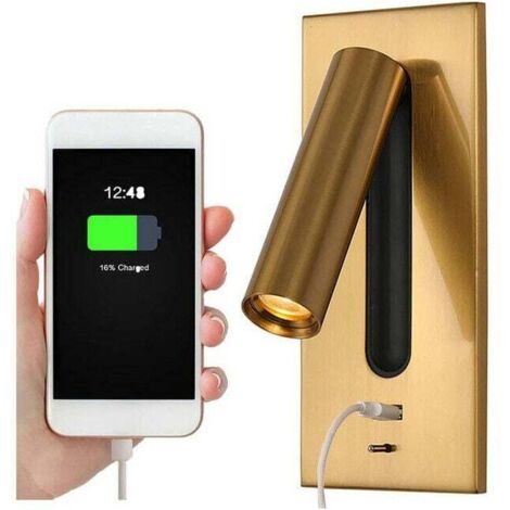 Ulisem – Applique murale liseuse LED orientable 350°/90° – Lampe de chevet USB encastrée – Laiton – Économie d'énergie jusqu'à 80% – Installation rapide