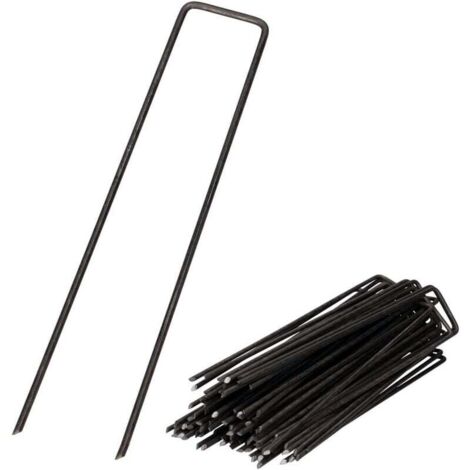 100 Piquets de Fixation en Acier pour Jardinage de 150x25mm - Épingles pour Sécuriser Toiles de Paillage et Filets - Noir (1/4)