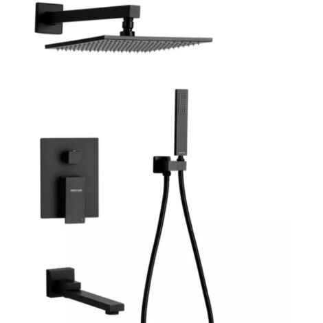 – Colonne de douche encastrée noire – Tête carrée 25x25cm – Mitigeur à cascade – Technologie d'injection d'air – Installation murale (1/5)
