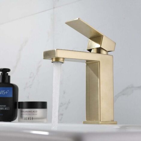 Robinet de lavabo à levier unique, robinet de lavabo au design créatif moderne, robinet monotrou brillant, or brossé, laiton massif (2 tuyaux inclus) (1/5)