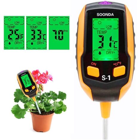 Testeur de sol 4 en 1, testeur d'humidité, pH mètre, kit de test numérique de sol, pH température du sol, lumière du soleil, test d'acidité pour jardin, ferme, pelouse, plantes d'intérieur