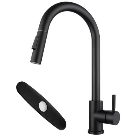 Robinet de cuisine extractible standard G3/8" (UE) avec base amovible, mitigeur d'eau chaude et froide en acier inoxydable, pivotant à 360° (noir) (1/5)