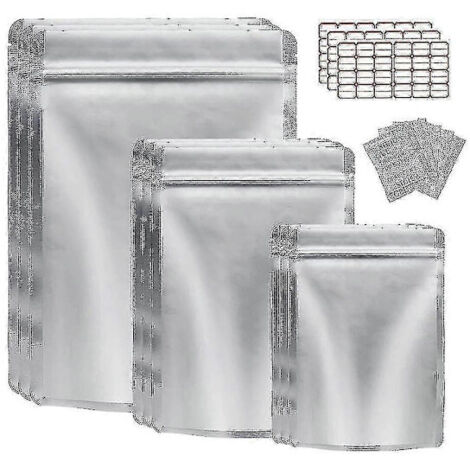 Lot de 50 sachets Mylar refermables pour la conservation des aliments, avec absorbeur d'oxygène, pour céréales, noix et autres produits alimentaires.