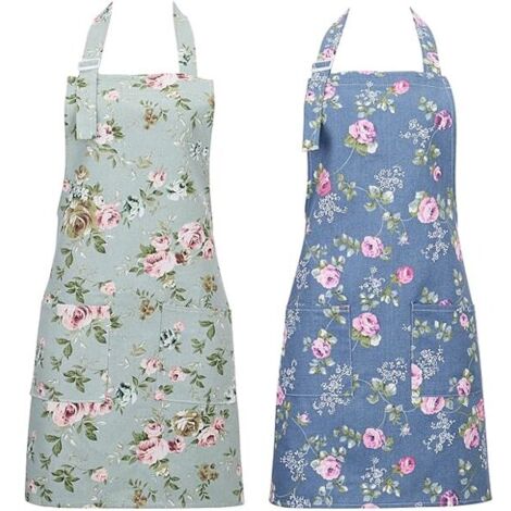 Lot de 2 tabliers de cuisine pour femmes, tabliers floraux ajustables, tablier de chef pâtissier avec grandes poches pour cuisiner, pâtisser et jardiner (1/5)