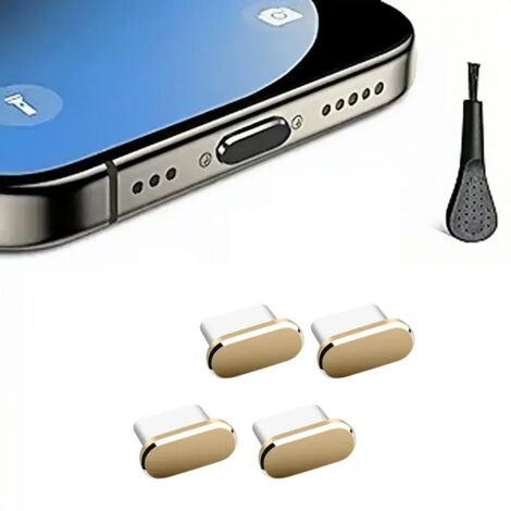Lot de 4 caches anti-poussière pour ports USB-C avec brosse de nettoyage, compatibles avec iPhone, Samsung et tous les smartphones (couleur or). (1/5)