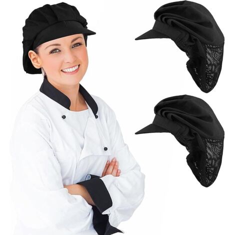 Lot de 2 toques de chef noires avec filet à cheveux semi-maillé élastique et respirant (1/5)