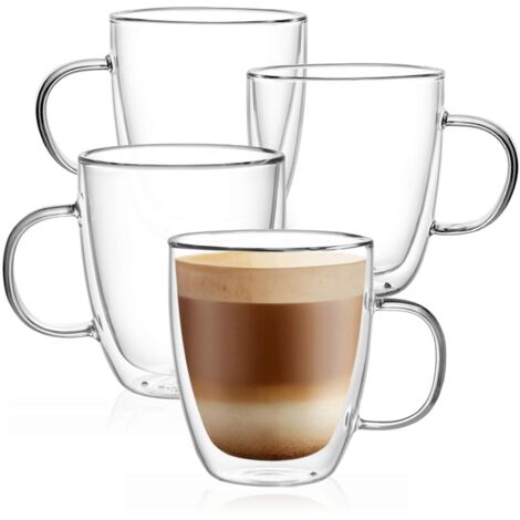 Lot de 4 grands mugs isothermes à double paroi de 350 ml, parfaits pour les cappuccinos et autres boissons chaudes. Compatibles lave-vaisselle et résistants.
