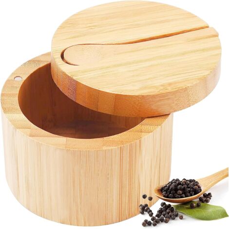 Salière avec couvercle rotatif et couvercle magnétique, ainsi qu'une petite cuillère en bois pour les épices, les assaisonnements et les herbes de cuisine. (1/5)