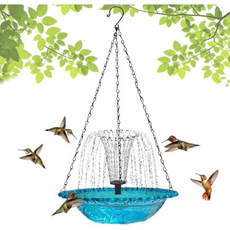 Bain d'oiseaux suspendu avec cascade solaire et fontaine – 2026 Bain d'oiseaux d'extérieur suspendu avec fontaine solaire, grand bain d'oiseaux colibri avec fontaine (bleu)