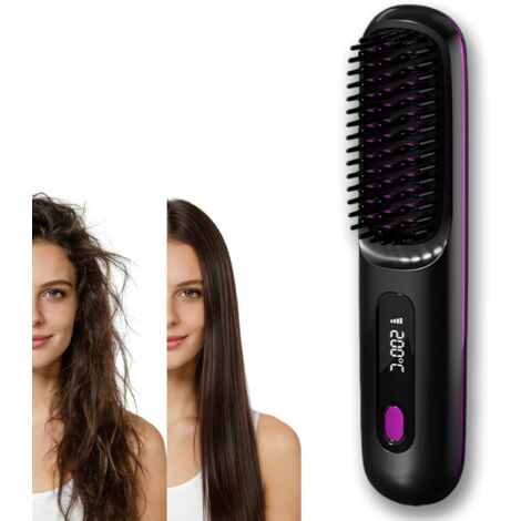 Brosse lissante portable pour cheveux courts, idéale pour les voyages, avec écran LCD de température, chauffe rapide et mini brosse coiffante sans fil.