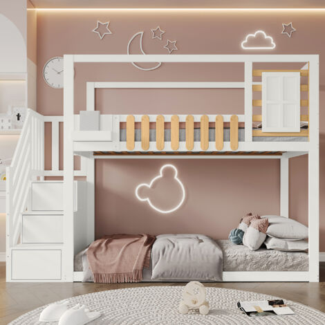 Lit superposé avec escalier, fenêtre et étagère, cadre en pin massif, lit enfant avec 3 casiers dans l'escalier, avec barrière de sécurité, blanc, 90 x 200 cm