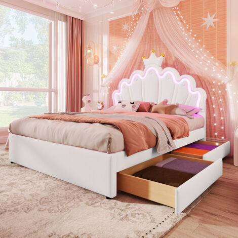 Lit rembourré, 140 x 200 cm, sans matelas, éclairage d'ambiance télécommandé, lit avec 2 tiroirs, lit princesse en forme de couronne, tête de lit réglable, PU, blanc (1/5)