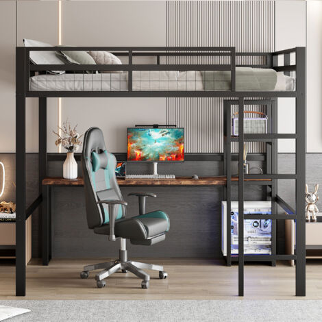 Lit mezzanine, 140 x 200 cm, structure en fer, plusieurs étagères, bureau avec prise électrique, avec port USB type C, barrière de sécurité, échelle, sans matelas, noir (1/5)
