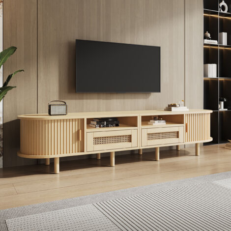 Meuble TV ovale 1704040 cm et table TV, meuble TV avec 2 tiroirs en rotin, 2 portes coulissantes, meuble bas et table TV jusqu'à 70 pouces, meuble TV et commode TV, couleur bois (1/5)