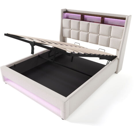 Lit rembourré avec USB 160x200cm, lit double LED avec sommier à lattes et cadre métallique, beige (1/5)