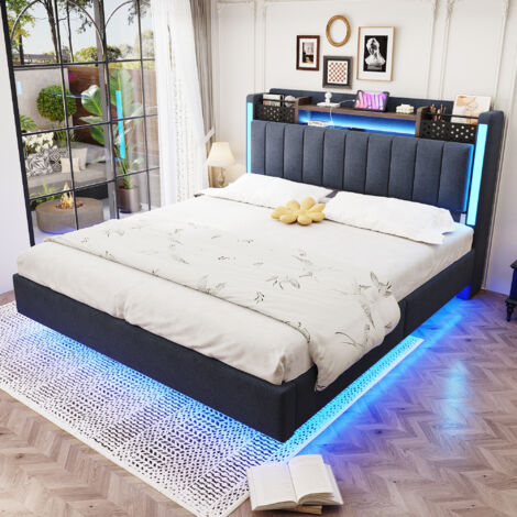 Lit rembourré 140200 avec éclairage LED et prise USB, tête de lit avec espace de rangement, lit suspendu, lit pour adolescent, lit pour adulte, tissu en lin, gris (1/5)