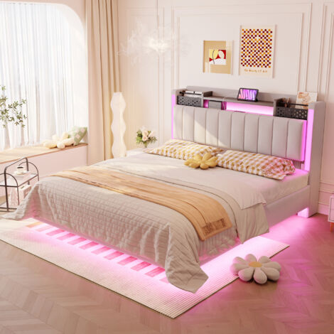 Lit rembourré 140200 avec éclairage LED et prise USB, tête de lit avec espace de rangement, lit suspendu, lit pour adolescent, lit pour adulte, tissu en lin, beige (1/5)