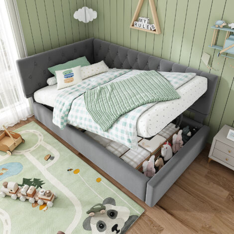 Canapé-lit 90x200 pour enfants, lit enfant lit simple lit d'appoint lits avec espace de rangement hydraulique, gris (1/5)