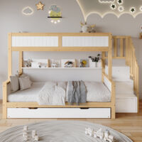 Lit superposé, lit enfant, avec protection anti-chute et barrières, conçu avec trois positions de lit, avec lit gigogne, avec armoire, escalier d'angle, pin + MDF, blanc + naturel, 90 x 200 et 90 x 19