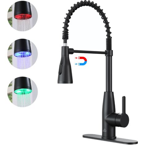Robinet de cuisine à ressort magnétique LED, noir mat, mitigeur monocommande, montage sur plage, avec douchette (plaque de montage incluse) (1/5)