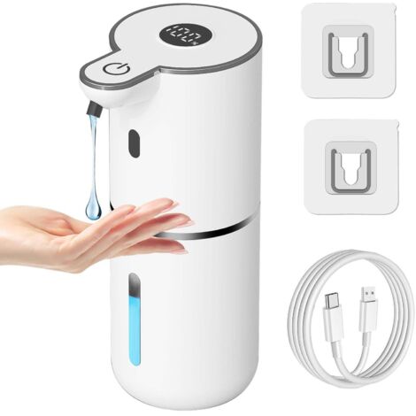 Distributeur de savon automatique rechargeable USB-C sans contact, 6 niveaux, 380 ml, fixation murale (blanc)