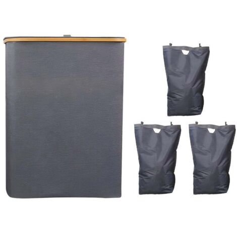 Panier à linge 160L avec couvercle, grand modèle pliable à 3 compartiments, organisateur de linge sale avec sacs amovibles (gris) (1/5)