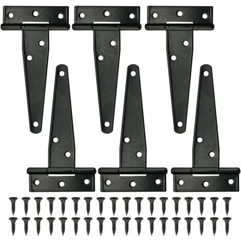 Lot de 6 charnières en T noires pour portes de grange, 10 cm (4 pouces), extérieures, avec 36 vis. Charnières robustes en fer pour portes, fenêtres et abris de jardin. (1/5)