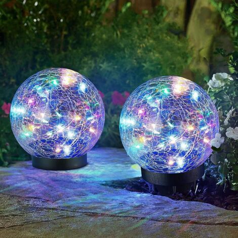 Lot de 2 lampes solaires globe en verre craquelé, alimentées par énergie solaire, à brancher au sol, pour la décoration de jardin, colorées. (1/4)