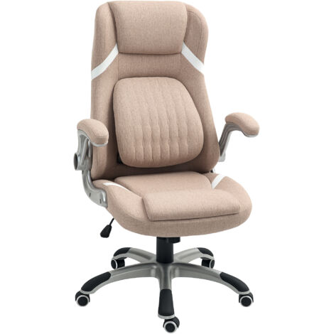 Chaise de bureau ergonomique – Dossier haut avec appui-tête et lombaire réglables – Accoudoirs rabattables – Tissu effet lin marron clair