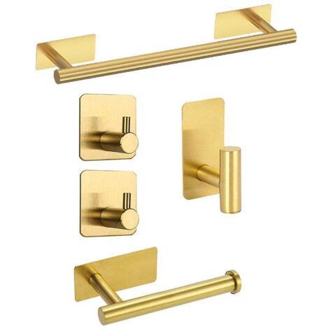 Porte-serviettes en acier inoxydable, barre à serviettes de salle de bain, ensemble de suspension de salle de bain 5 pcs, aucun trou nécessaire, doré (1/5)