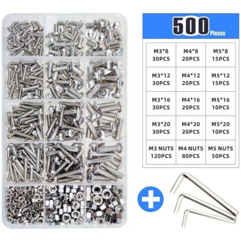 Debuns – Set de 500 boulons en acier inoxydable M3 M4 M5 – Tête ronde et hexagonale – Résistance à la traction jusqu'à 800 MPa – Pour assemblage mécanique - m3m4m5 (1/5)