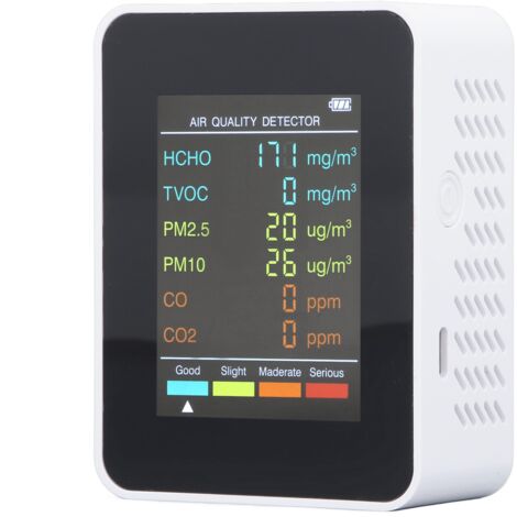 Moniteur de qualité de l'air portable avec écran LCD rétroéclairé, détecteur CO2 TVOC HCHO PM2.5 PM10 avec alarme, blanc,de DEBUNS