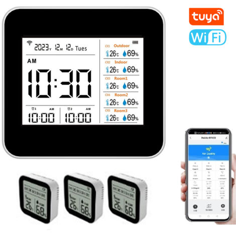 Thermomètre hygromètre intelligent Tuya WiFi 13 en 1, moniteur précis température et humidité intérieur, affichage temps/calendrier/alarme, support contrôle APP à distance, pour maison bureau,de DEBUN (1/5)
