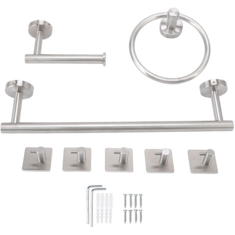 Ensemble d’accessoires de salle de bain en acier inoxydable 304 avec anneau porte-serviettes, barre porte-serviettes, porte-papier et 5 crochets (1/4)
