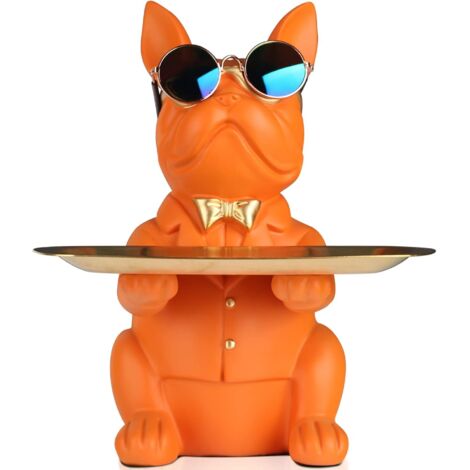 Bouledogue Chien Statue avec Plateau Rangement en Résine - Décoration Maison Moderne, Clés, Friandises, Orange (1/5)
