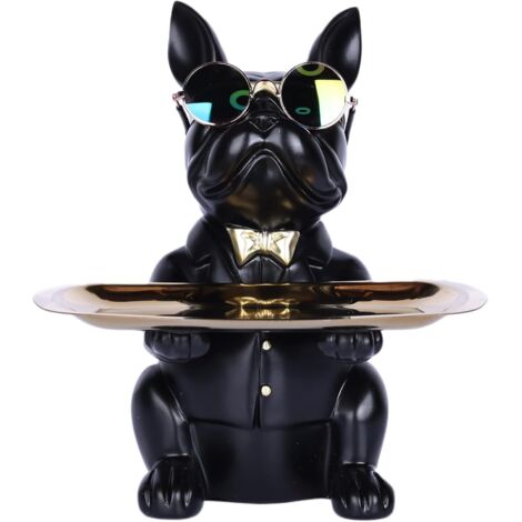 Bouledogue Chien Statue avec Plateau Rangement en Résine - Décoration Maison Moderne, Clés, Friandises, Noir (1/5)