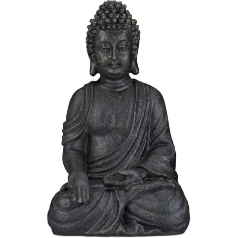 Statue Bouddha en céramique 40cm, décoration Zen Jardin, Sculpture Bouddha Gris Foncé, Figurine Bouddha pour extérieur