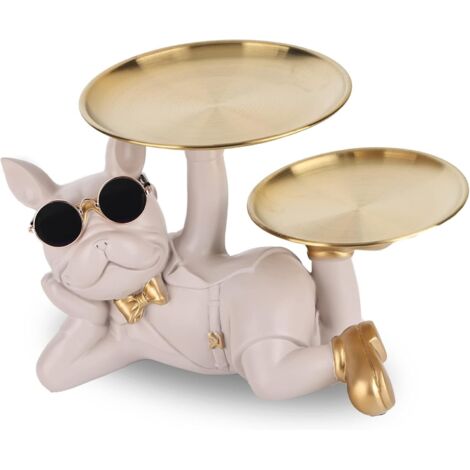 Statue de majordome chien Bouledogue Français avec plateau décoratif, décoration maison, table salon, couloir, gris clair (1/5)