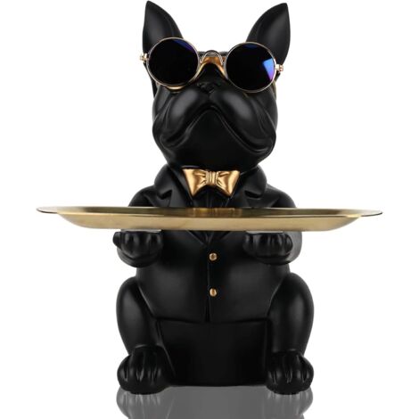 Statue Bouledogue en Résine avec Plateau de Rangement, Tirelire, Clés, Bonbons, Décoration Intérieure Noire (1/5)