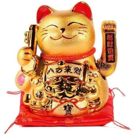 Grand Maneki Neko Doré avec Bras Mobile, Statue Chat Japonais Porte-Bonheur, 20cm, Décoration Kawaii Or Gold, Idée Cadeau Japon, Chance et Fortune