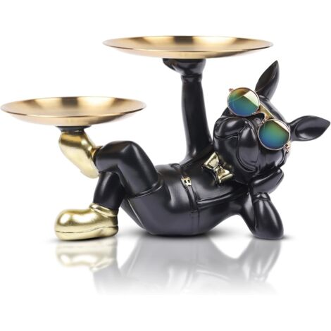 Bouledogue Chien Statue avec Plateau Rangement en Résine - Décoration Maison Moderne, Clés, Friandises, Noir (1/5)