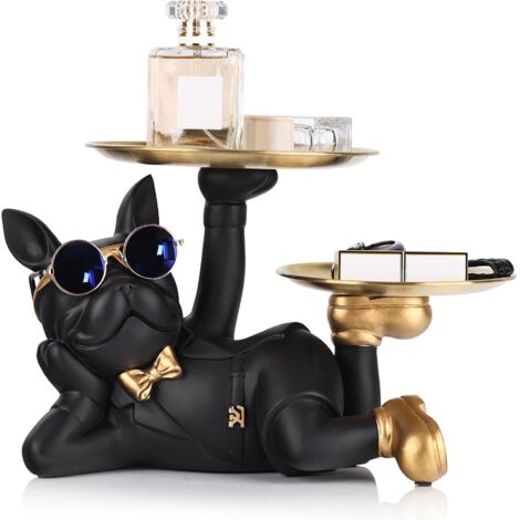 Statue Bouledogue Français Noir avec Plateau, Sculpture Chien Majordome Décoration Intérieure Salon Salle à Manger (1/5)