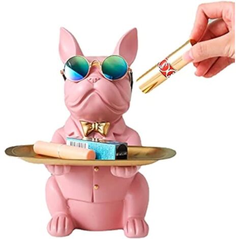 Bouledogue Chien Statue avec Plateau Rangement en Résine - Décoration Maison Moderne, Clés, Friandises, Interieur Rose (1/5)