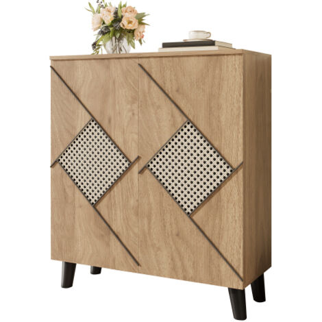 Meuble à Chaussures Moderne avec Motif Rotin Décoratif – 80 × 32 × 91 cm, Armoire de Couloir Élégante avec Rangement, Portes Fermées et Plateau Supérieur (1/5)