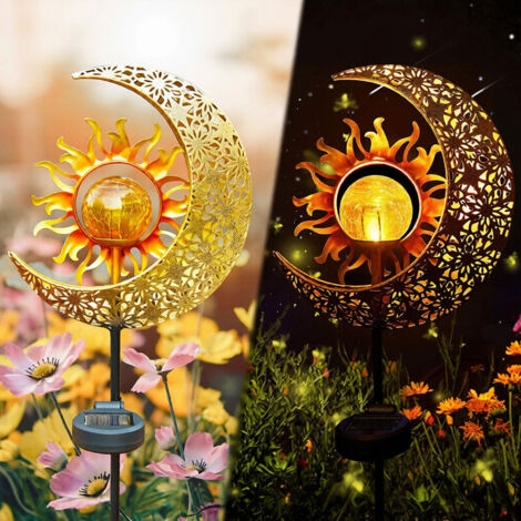 Lampe solaire de jardin en forme de lune – Globe en verre craquelé avec LED blanc chaud, capteur crépuscule à l’aube, décoration pour pelouse, patio et jardin (1/5)